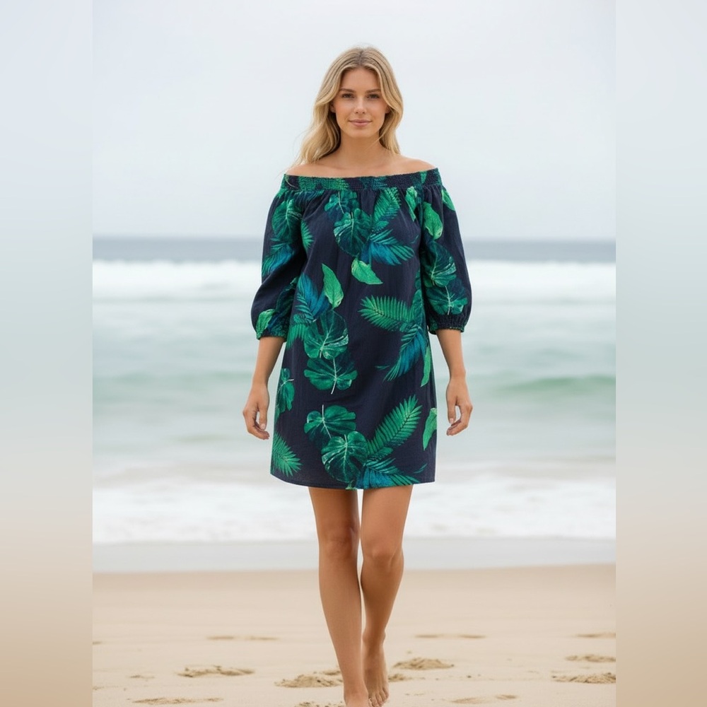 NWT Off-Shoulder Tropical Mini Dress Smock or Swimsuit Cover Old Navy Palm Med